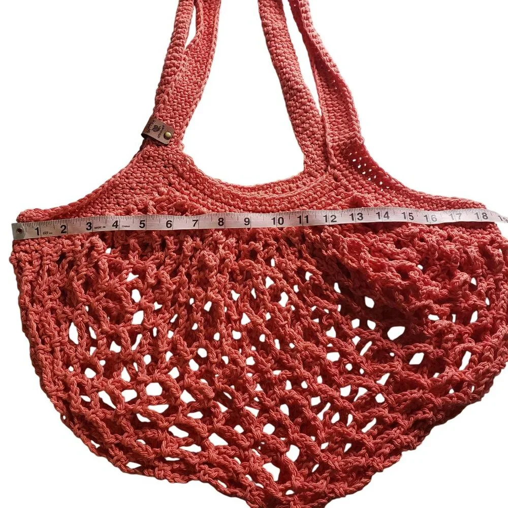 Handmade Crochet Mesh Market Bag Coral Pink Cotton Farmers Market Reusable Beach